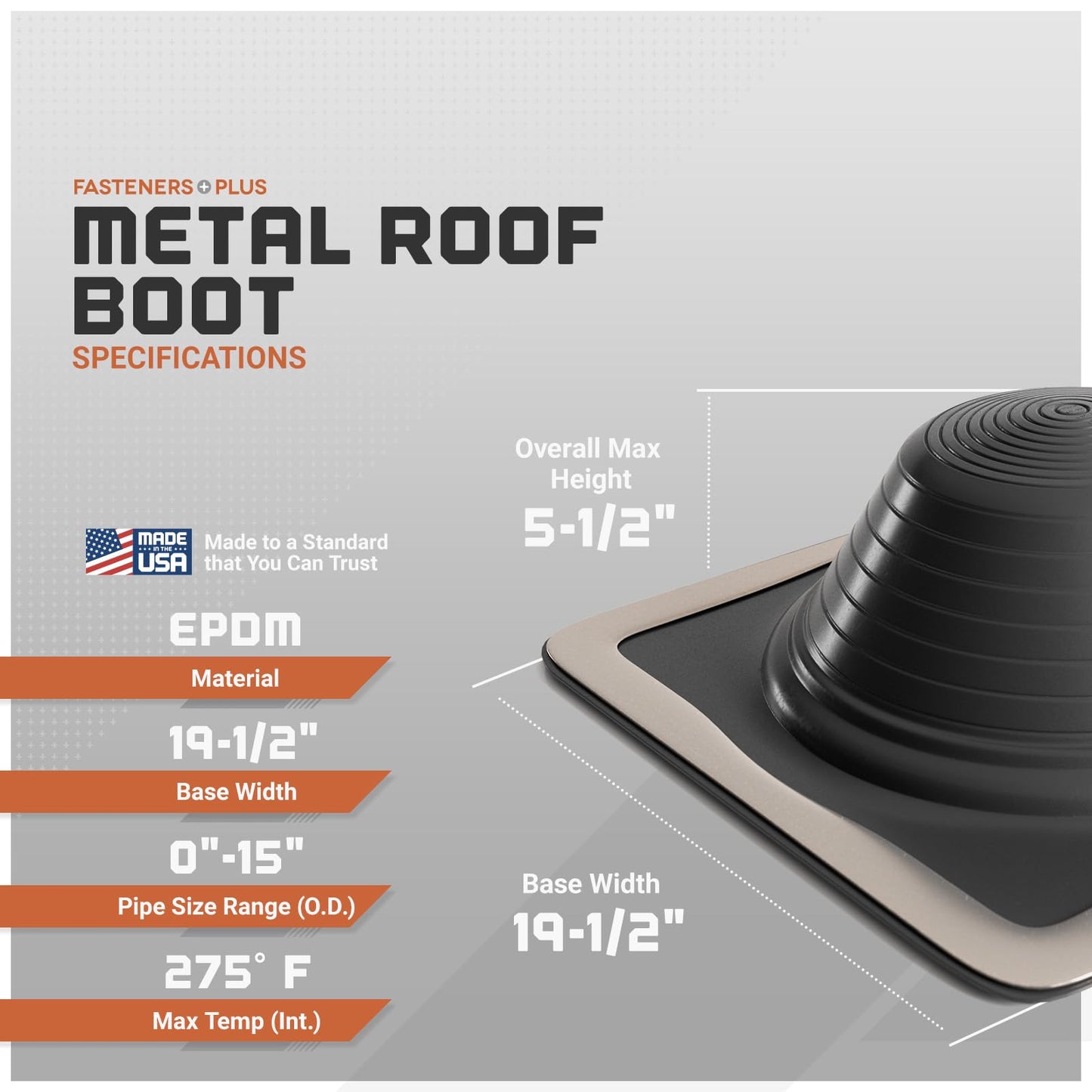 Fasteners Plus Fix-A-Flash Square EPDM Metal Roof Pipe Flashing Boot (Made in USA), Fits 0” - 15” Pipe OD, Black Metal Roof Boot for Oversized Roof Openings