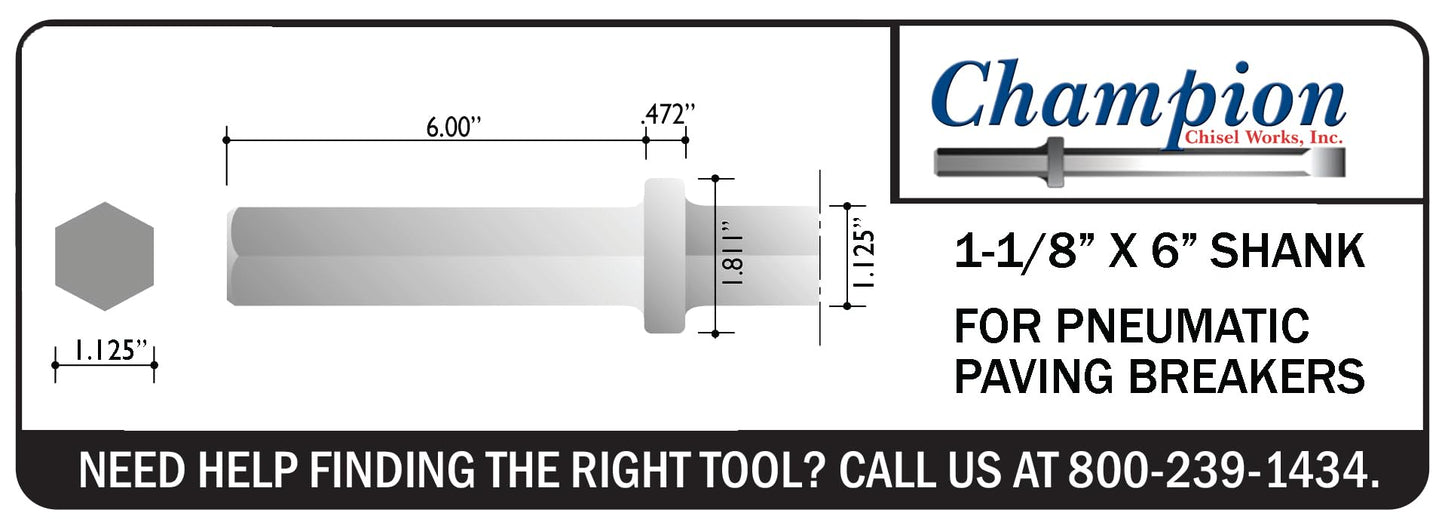 Champion Chisel, 1-1/8 by 6-Inch Hex Shank, Clay Spade - Designed for 60lb & 90lb Pneumatic Hammers