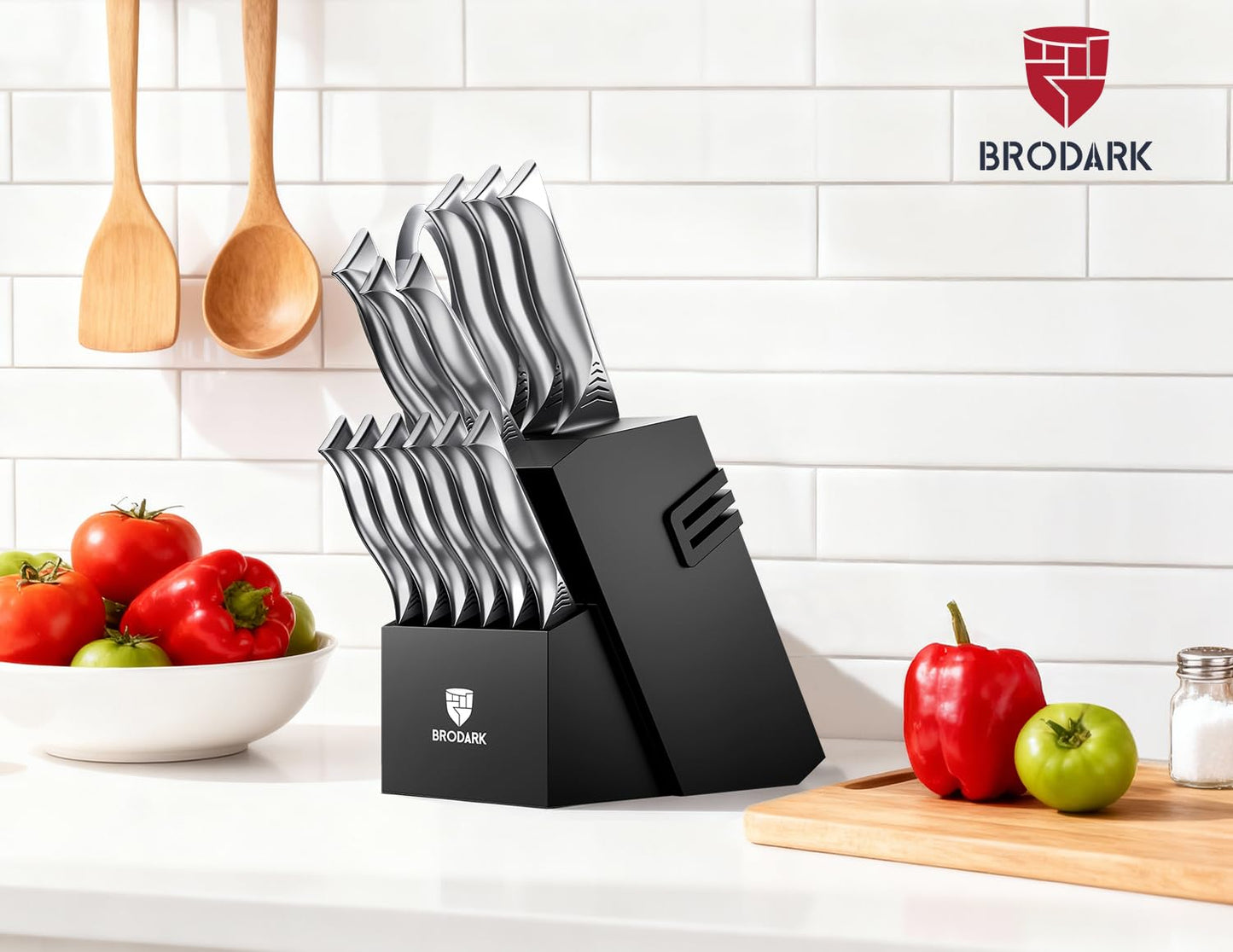 BRODARK Kitchen Knife Set with Block - 15-Piece Knife Block Set with Built-in Sharpener - High Carbon Stainless Steel Kitchen Knives Set for Kitchen - Christmas Gift, Shark Series, Mothers Day