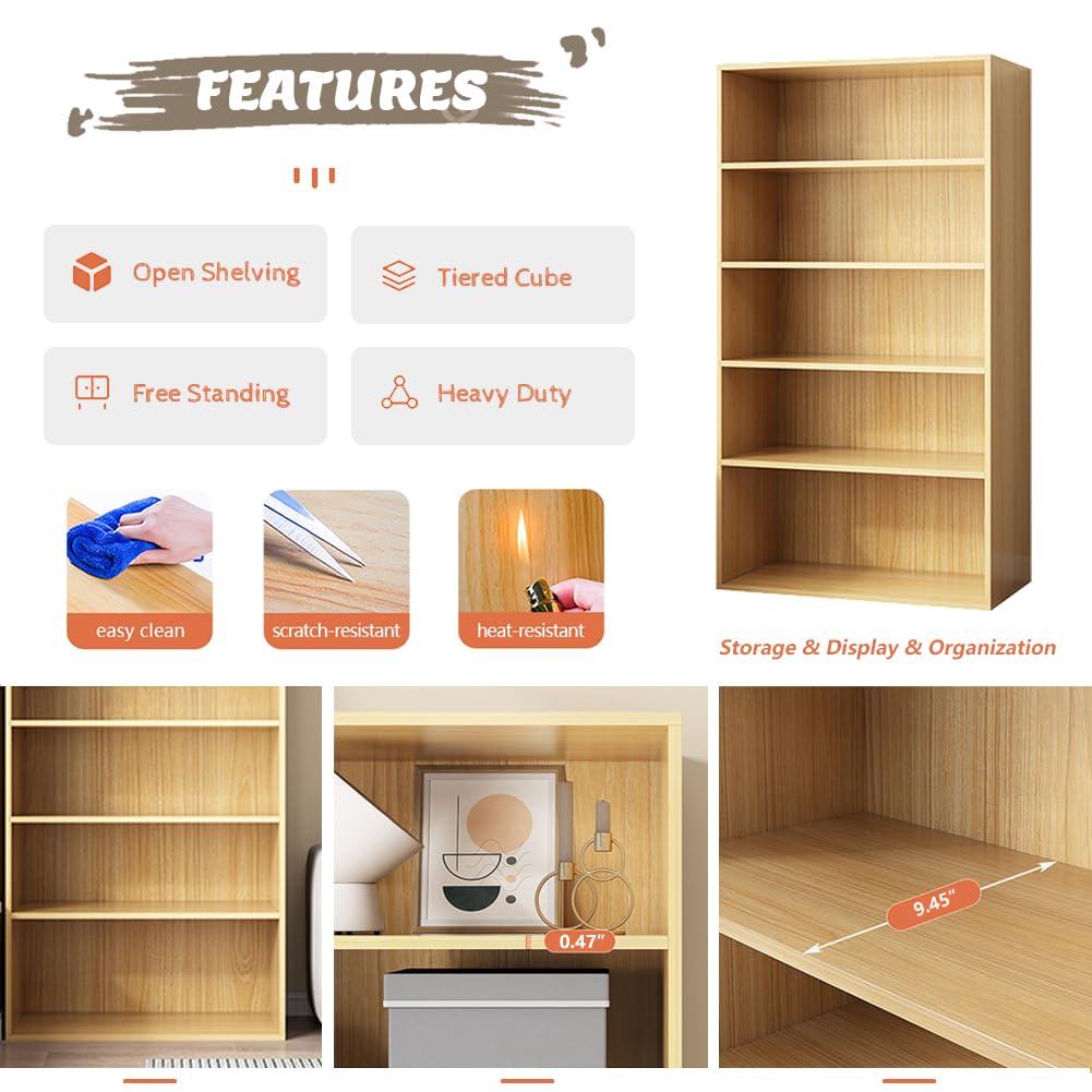 NELYE Basic Open Shelf Bookcase - 3-Tier Wooden Cube Storage Shelves Split Bookshelf, Oak