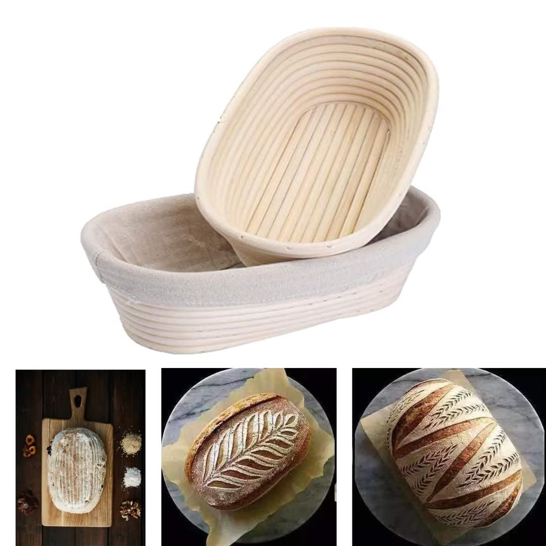 2 Pack 10 Inch Oval Bread Proofing Basket,Banneton Basket Bread Baking Bowl with Linen Liner Cloth, for Professional & Home Bakers Baking