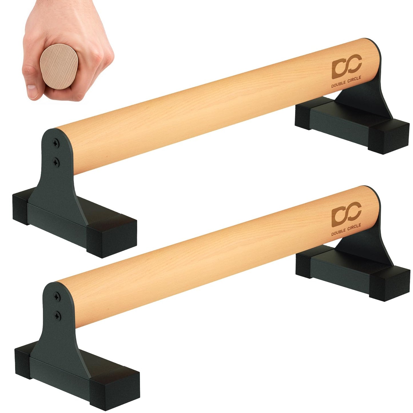 Double Circle Parallettes Push Up Bar with Ergonomic Wooden Handles - Calisthenics Equipment - Non-slip Parallel Bars for Strength Training and Calisthenics - Pushup Handles Parallettes Bars (17 IN)