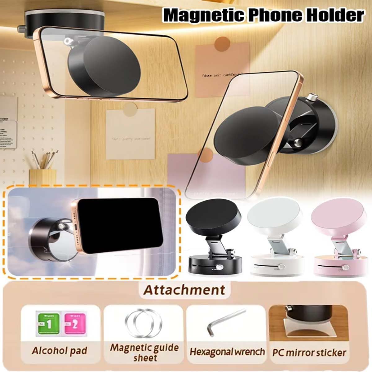 Oudvaker Foldable Magnetic Vacuum Phone Holder, 360° Electric Suction Car Mount, Double-Sided Swivel Stand for Car, Mirror, Gym, Kitchen, Hands-Free Portable Phone Holder (Black)