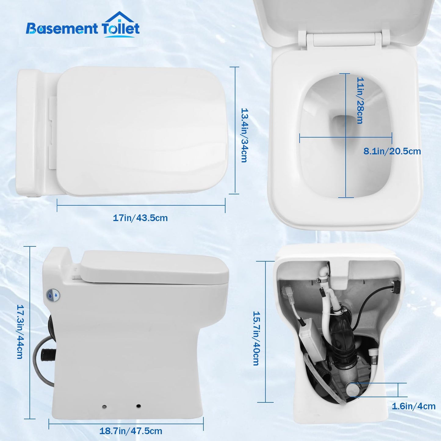 600W Macerating One Piece Toilet,4/5HP Remote Control Macerator Toilet with Pump Built Into the Base,Connect the sink AC110V 0.75/1 GPF with High Efficiency Flush for Small Space,Glossy White