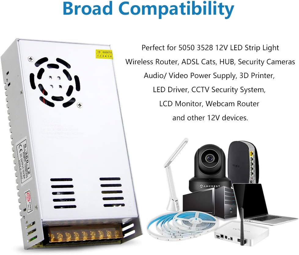 12V 30A 360W 12 30 110V 240V 3D SHNITPWR Power Supply AC to DC Adapter Volt Amp Switching Power Converter Transformer