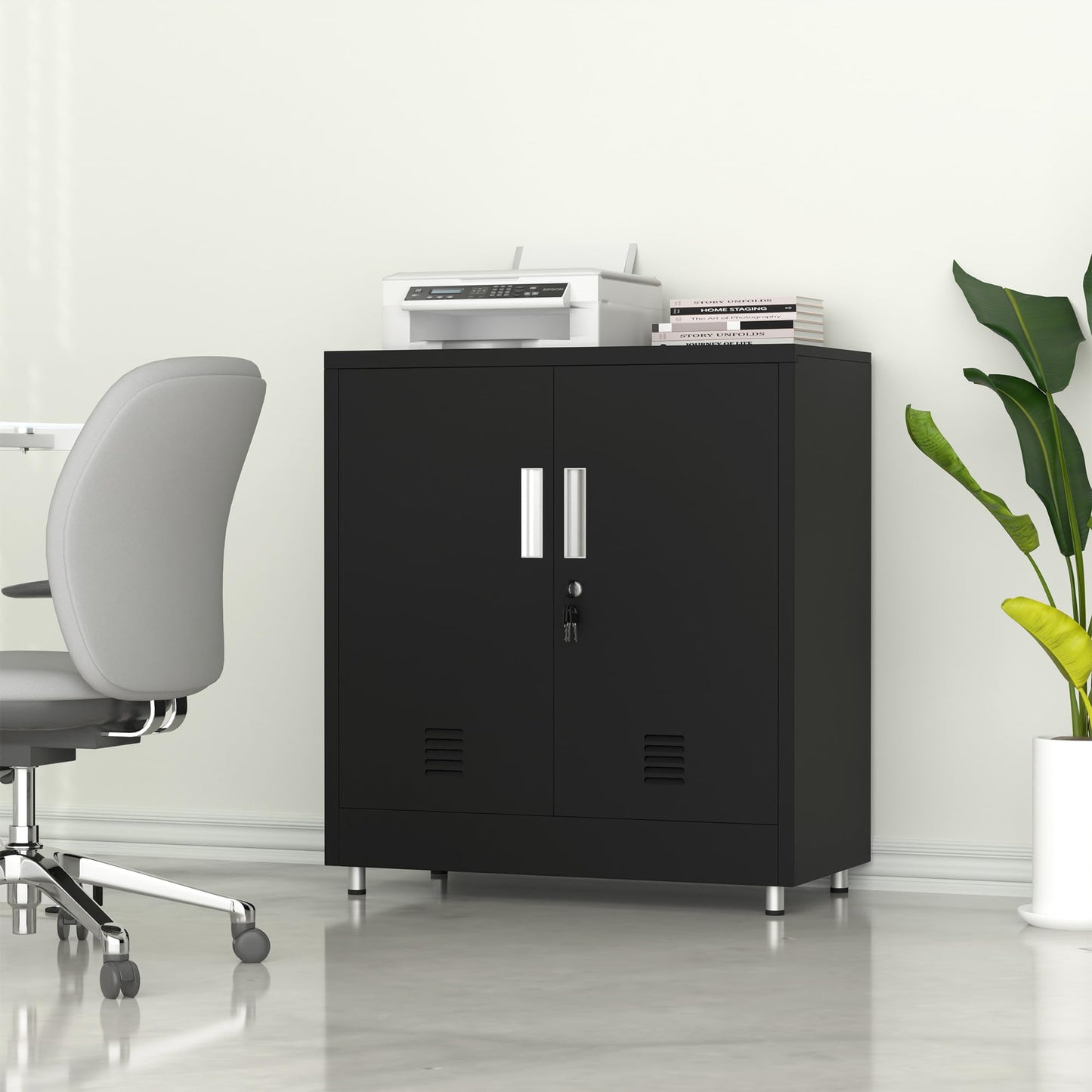JINKUR Metal Storage Cabinet with Locking Doors and Adjustable Shelf, Small Lockable Sideboard Buffet Cabinet for Home, Office, Entryway, Hallway, Living Room, Kitchen and Dining Room (Black)