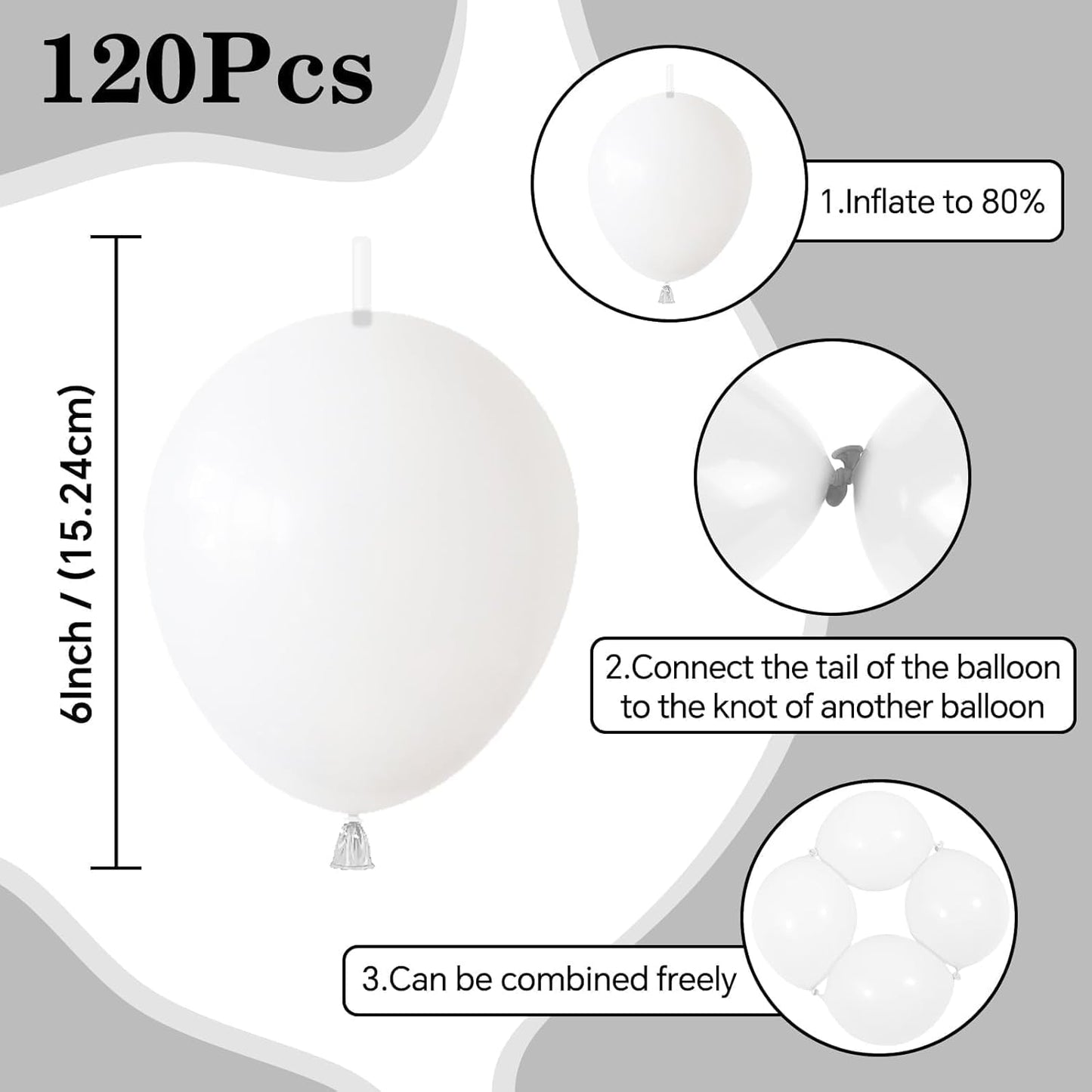 White Link Balloons - 120 Pcs 6-Inch Latex Balloons for Birthday, Baby Shower & Wedding Decor