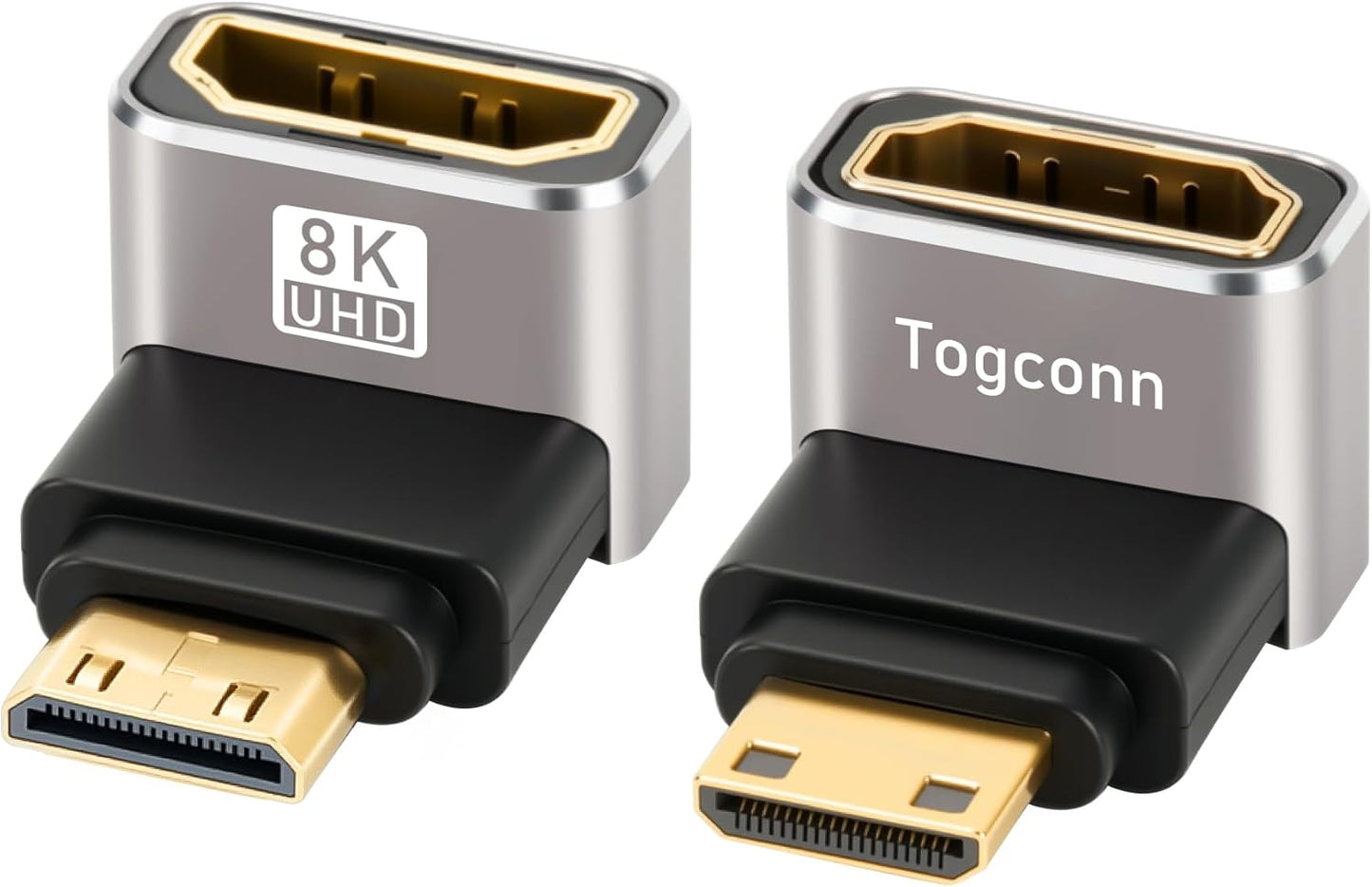 Togconn 90 2 Pack, 8K@60Hz,4K@120Hz Degree Mini HDMI to HDMI Adapter (Up and Down) Right Angle Mini HDMI (Male) to HDMI