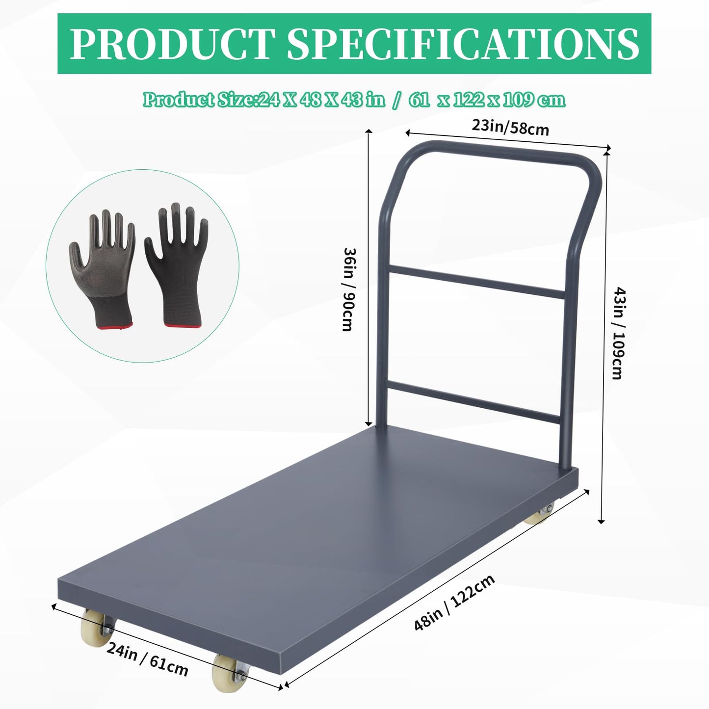 Heavy Duty Flatbed Cart 48"x24" Platform Truck, 2000 lbs Capacity Steel Hand Truck with 4 Swivel Wheels, Industrial Utility Push Cart for Warehouse, Garage, and Moving Supplies