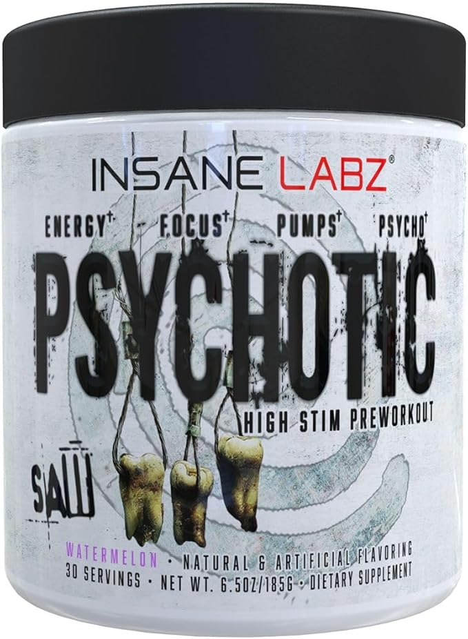 Insane Labz Psychotic SAW®, High Stim Pre Workout Powder with OxyGold­??and AMPiberry®, Extreme Lasting Energy with Teacrine®, Focus with CognitIQ® and Endurance with Beta Alanine, 30 Srvgs,Watermelon