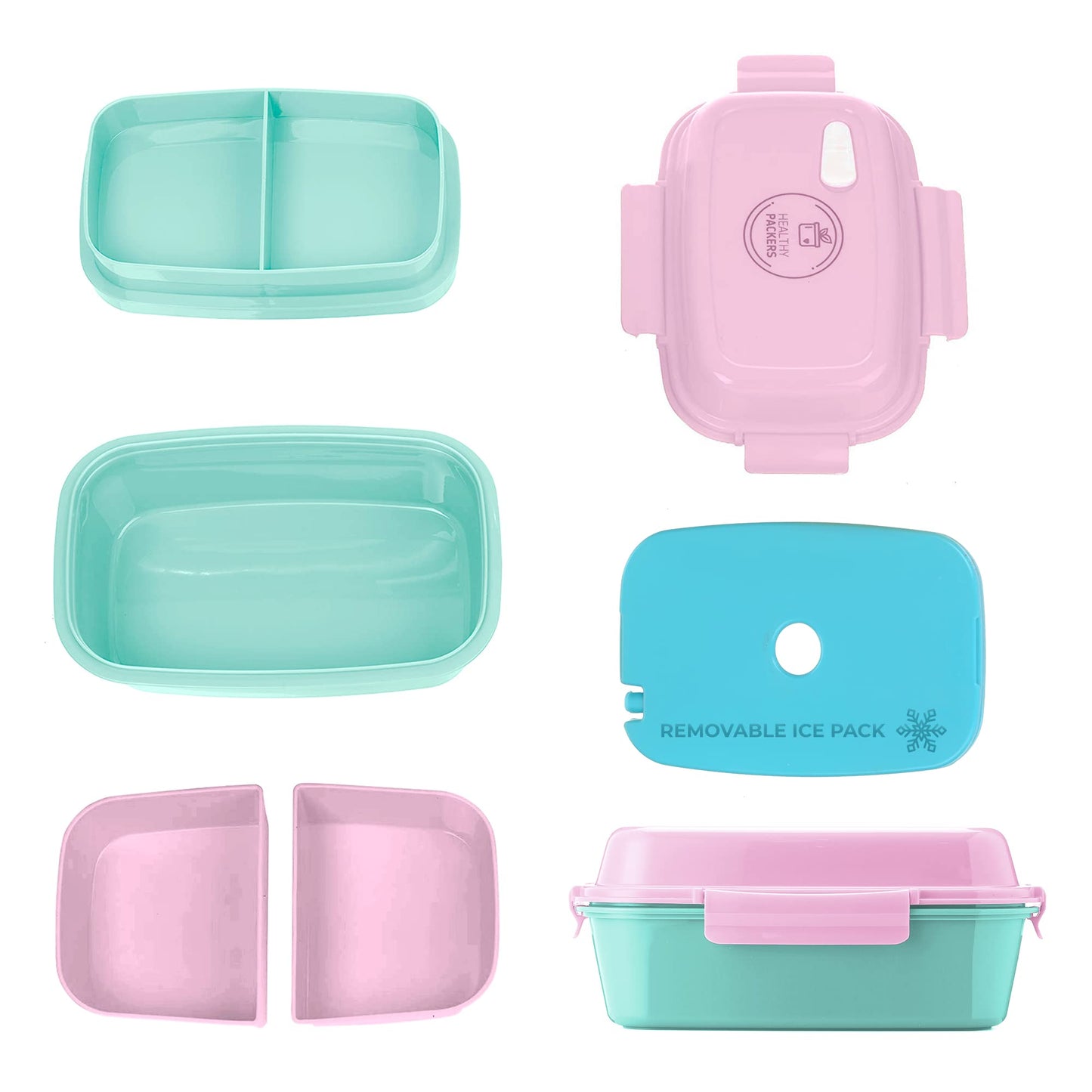 Ultimate Bento Box - Lunch Box for Kids & Adults with Removable Ice Pack - Leakproof, Multi-Compartment Food Container with Removable Containers - Microwave & Dishwasher Safe (Pink, Green, Pink)