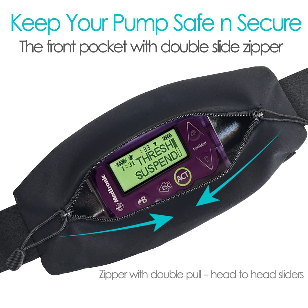 Insulin Pump Belt with Double Slide Zipper Pouch Medical Holder for Diabetic T1D Adjustable Waist Band Accessories Lightweight for Tubing Epipen Men Women Adult Black