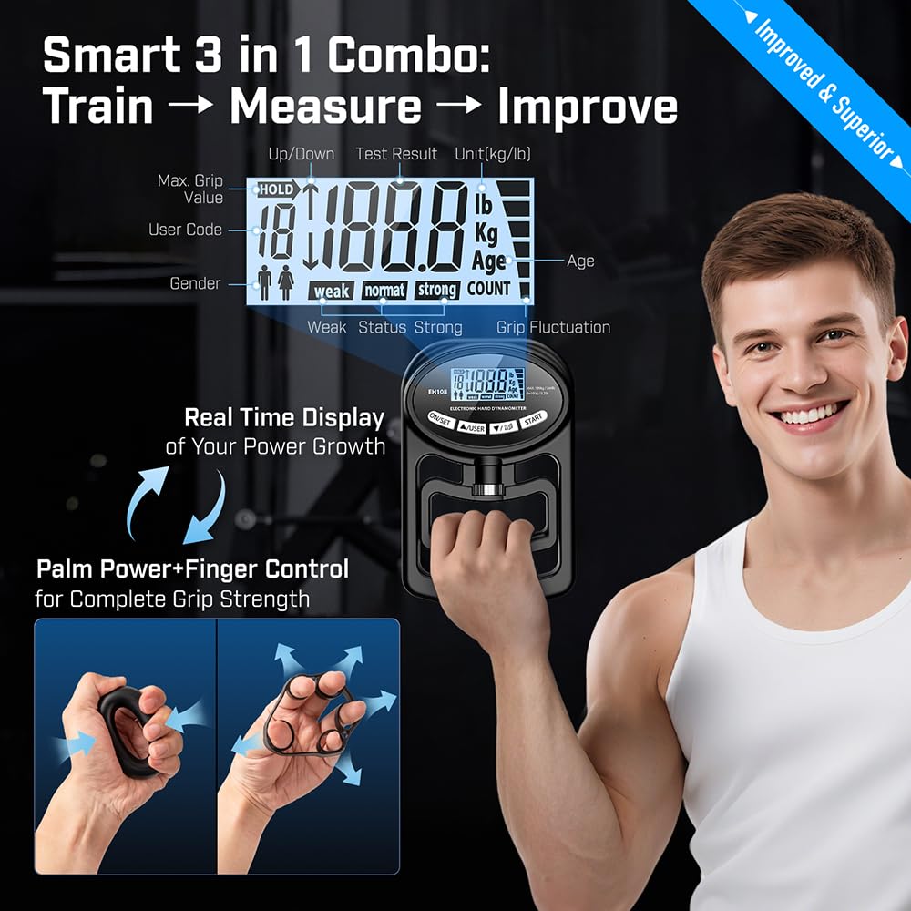 Hand Grip Strength Tester Trainer - Electronic Hand Dynamometer Forearm Grip Strengthener Exerciser Digital Training Gauge 265 Lbs 120 Kgs for Sport Home School Use