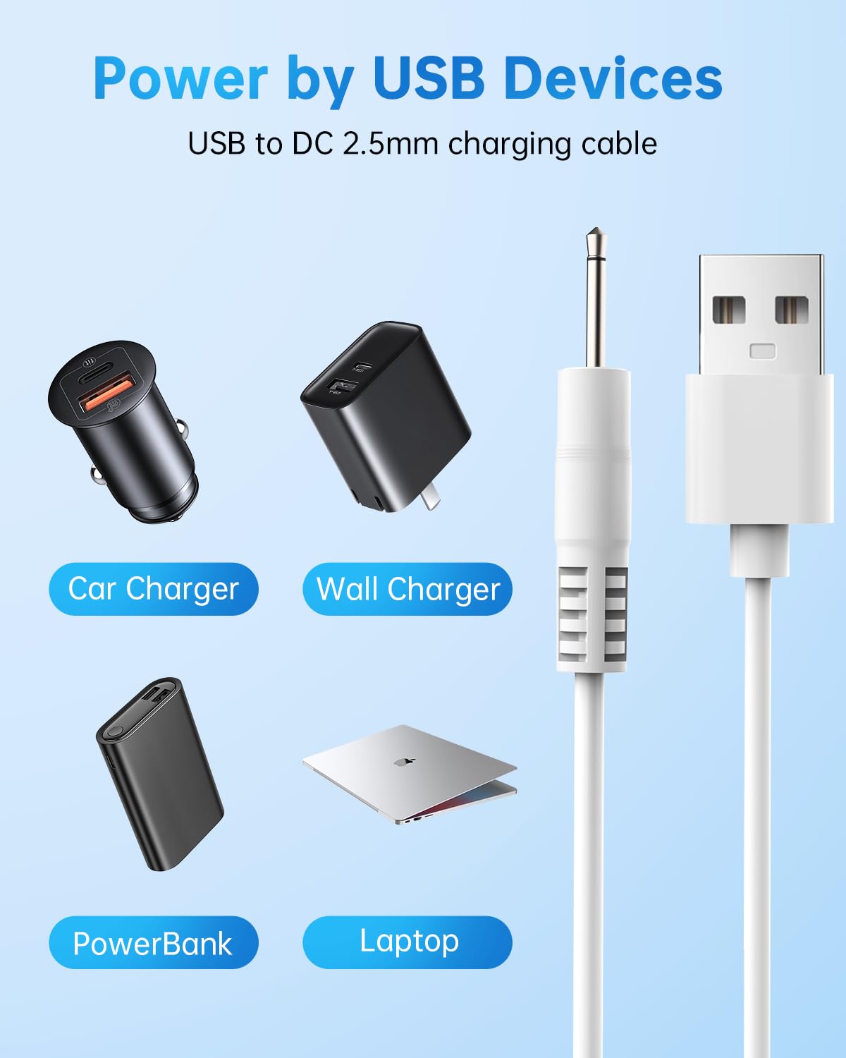 2 Pack 2.62FT 2.5mm,5V/1A littlelucky Charger Replacement DC Charging Cable USB to DC Fast Charger Cord Adapter Rose