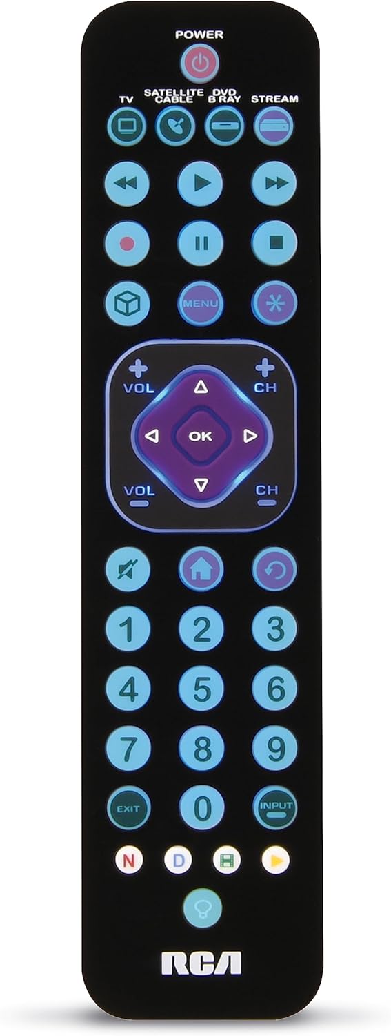 RCA 4-Device Universal Rechargeable Streaming Remote Control for TV, Audio, Soundbar, Streaming Devices, Ultra-Slim