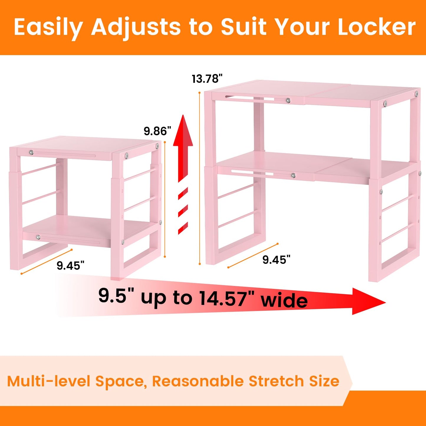 LIDTOP Locker Organizer Shelf Pink, Adjustable Width and Height, Stackable Metal Locker Storage Organization, Ideal Locker Fits Standard Size School, Office, and Gym Lockers
