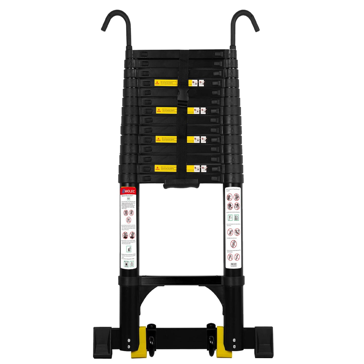 Wolec 19 ft Aluminum Telescoping Ladder, 330 lb Load, Hooks Wheels Stabilizer Bar, Portable Collapsible Ladder for Home Use and Work, Black