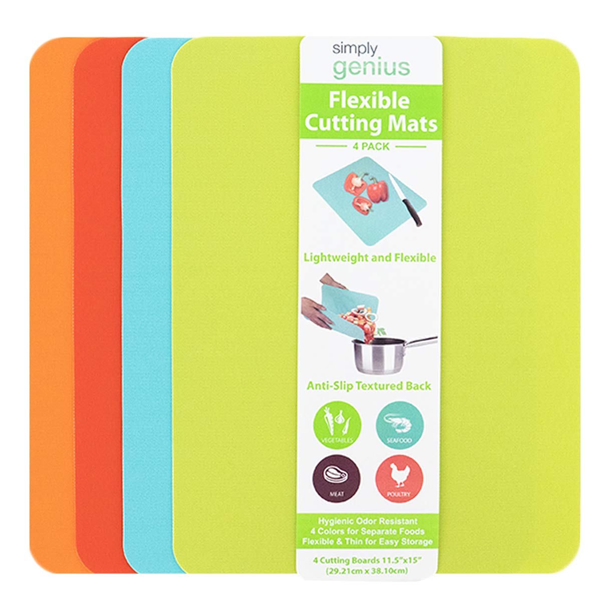 Simply Genius Flexible Cutting Board Set - Color-Coded Plastic Cutting Board Mats - Dishwasher-Safe Chopping Surfaces - Space-Saving Kitchen Mat Storage - 4-Pack Multicolor 11.5 x 15 in