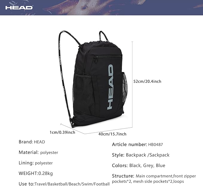HEAD Waterproof Gym Sackpack for Sport with 2 Zipper Pockets, Large Drawstring Backpacks for Men with Side Pockets for Water Bottle