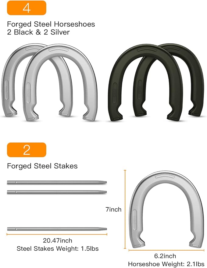 NQV Horseshoe Outside Game,Horse Shoe Game Kit,Horseshoe Set on Lawn Beach Soil Outdoor Backyard Adults. 4 Traditional Heavy Duty Forged Steel Horseshoes Regulation Size+2 Forged Steel Stakes+1 Bag