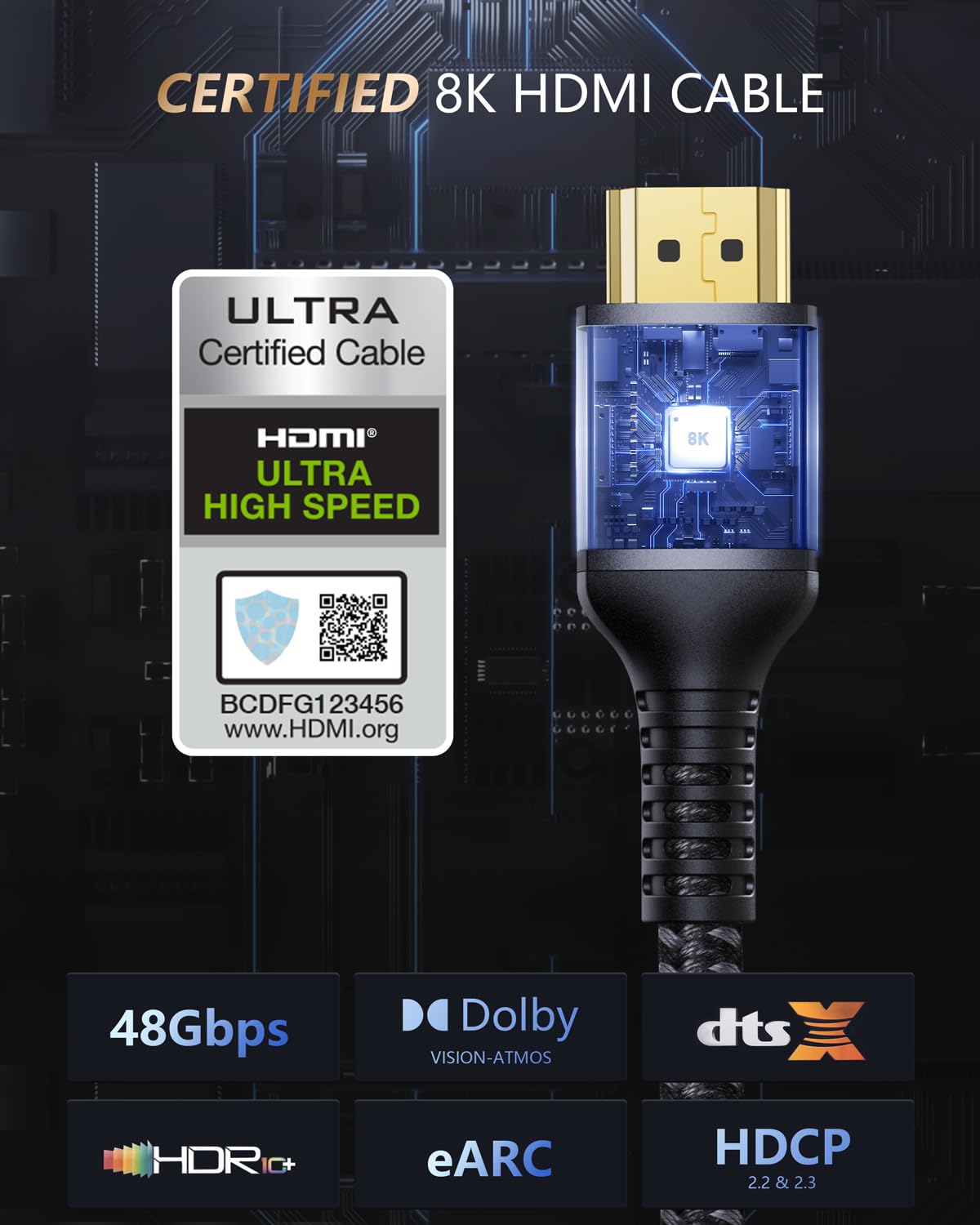 48Gbps 10K 8K60Hz 4K120Hz 2.2&2.3, PS5 (6ft, Stouchi Ultra High Speed HDMI Cable, Slim Braided HDMI Cord, HDCP Dynamic