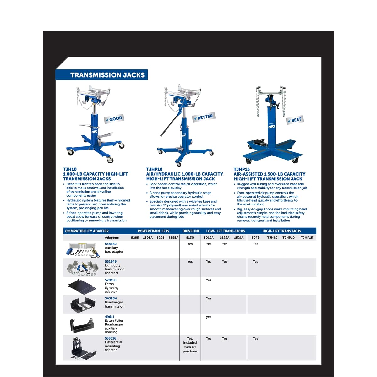 OTC 1585A 1,250 lb. Power Train Lift with Tilting Plate - Ideal for Engine/Transaxle Service