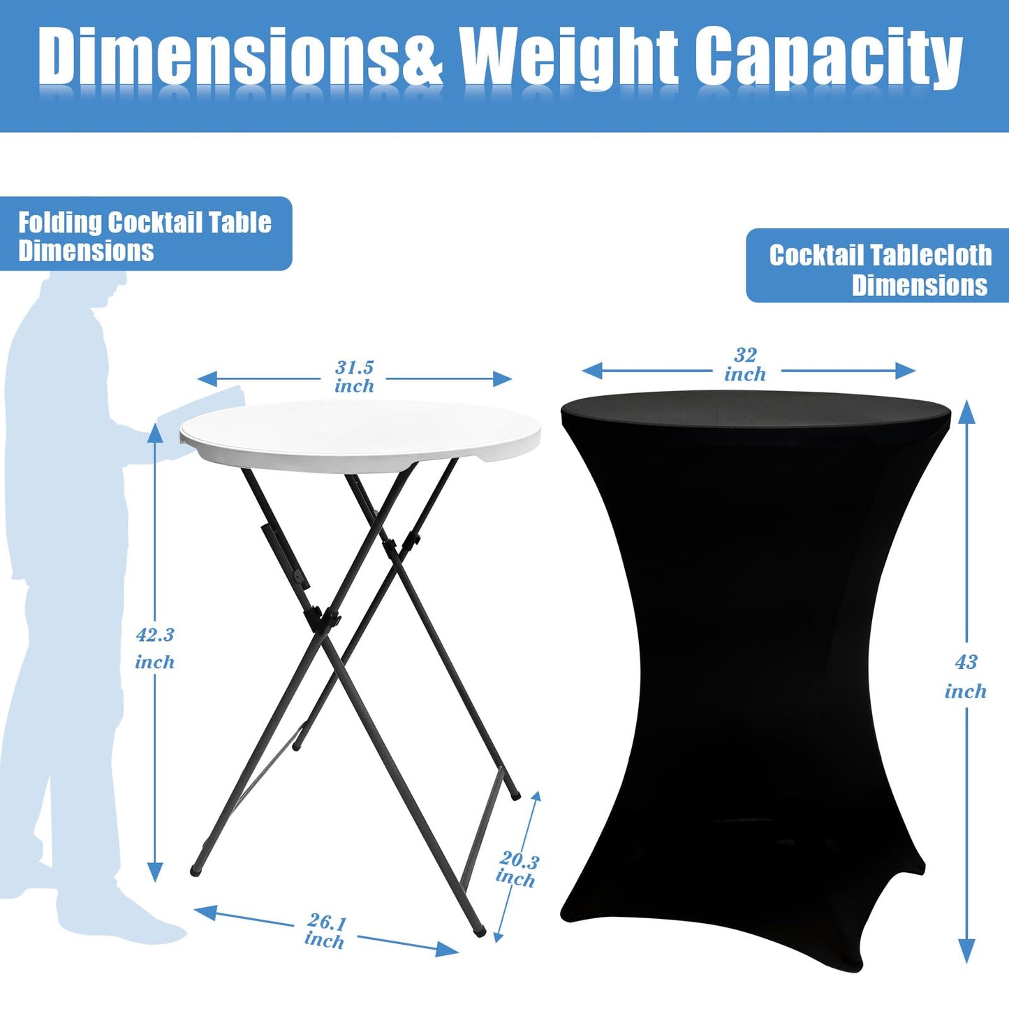 THESEATOP 2Sets 32in Hightop Folding Cocktail Tables+Covers-Spandex Stretch Folding Tall Bar Table Covers, Detachable Legs Bar Height Folding Table Outdoor Indoor Use (Black/2 Tables+2 Covers)