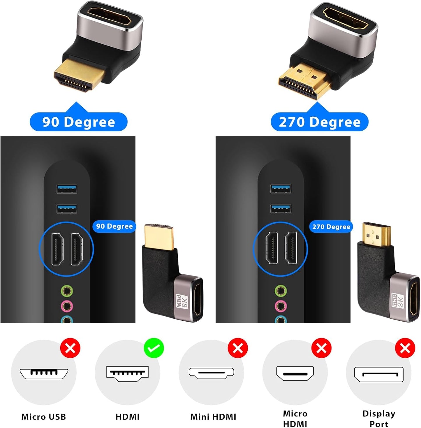 AIMHDUTY 8K 4-Pack 90 270 8K@60Hz,4K@120Hz,HDR,eARC HDMI Eblow HDMI Right Angle Adapter and Degree Gold Plated, Support