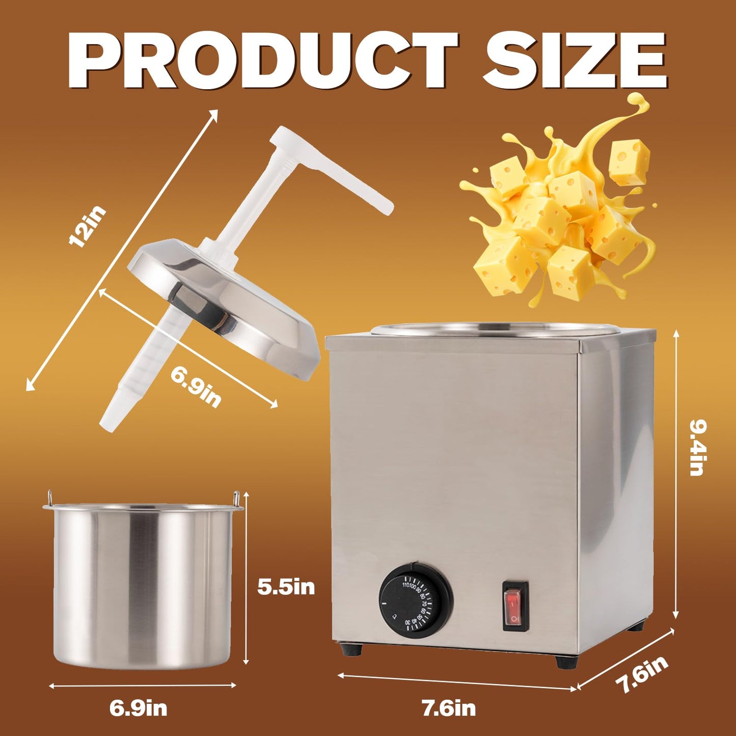 KUKARTARE Stainless Steel Cheese Warmer and Dispenser 2.3L Heated Nacho Cheese Sauce Dispenser Pump with Adjustable Portion Commercial Kitchen Electric Heater