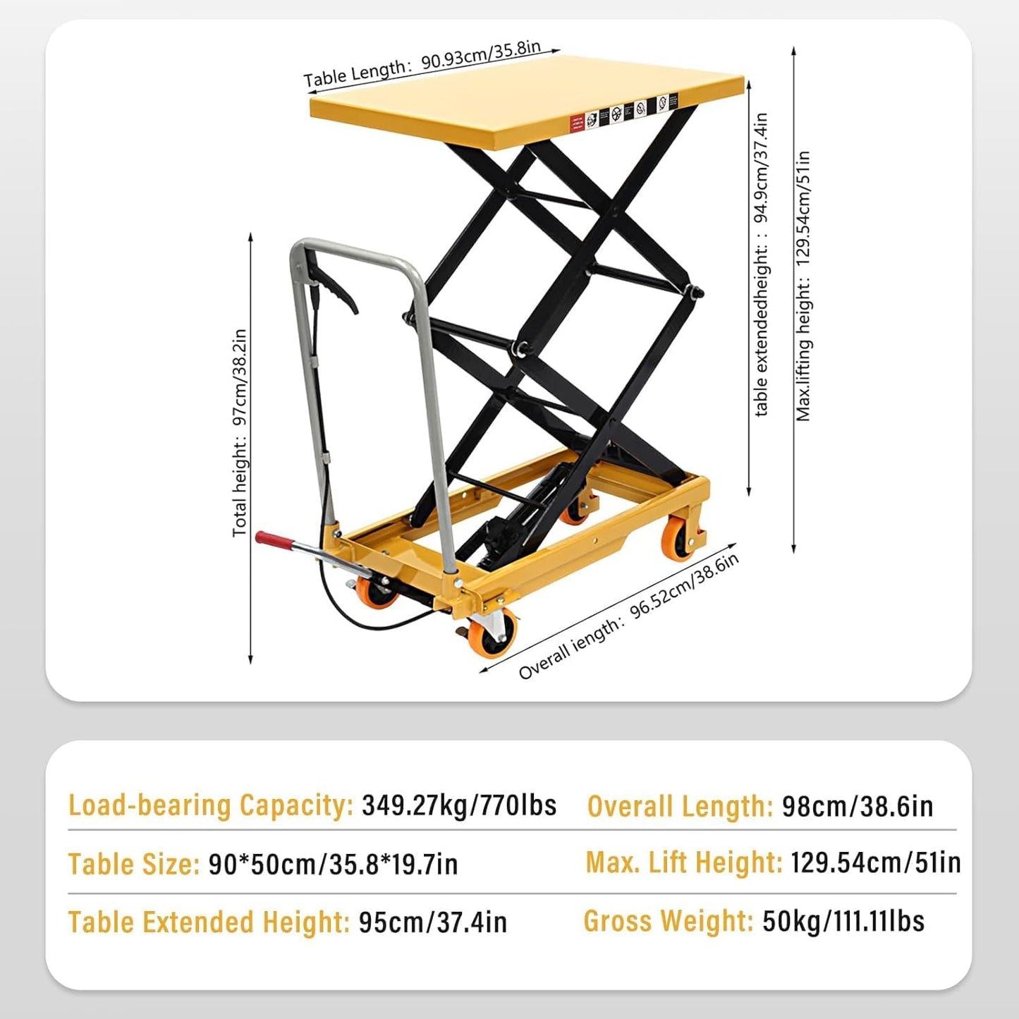 Hydraulic Lift Table Cart, 770lbs Load Capacity 51" Lifting Height with 4 Wheels, Hydraulic Scissor Cart for Material Handling Transportation