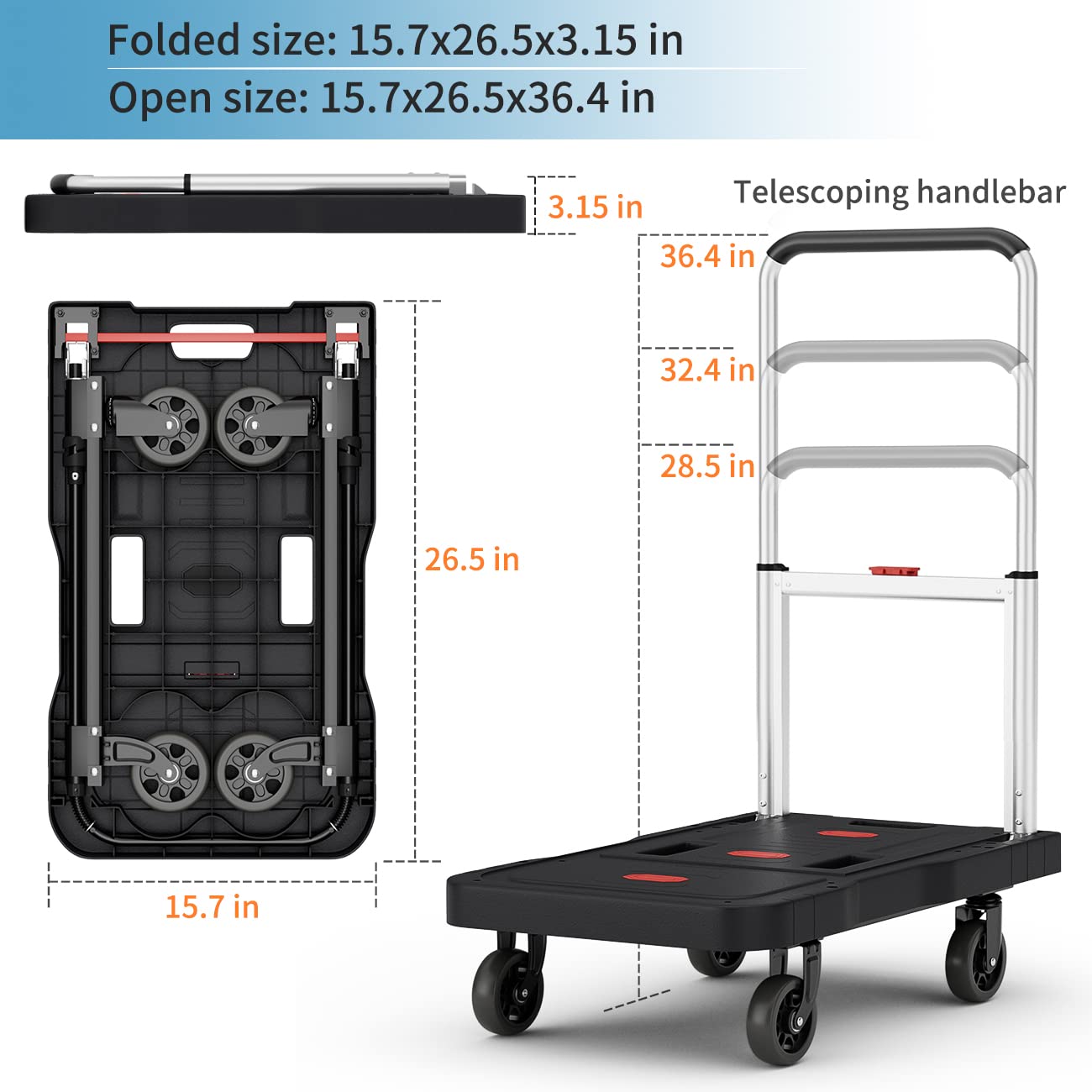 Platform Truck Foldable Push Cart Dolly 330lb Weight Capacity, Adjustable Hand Truck Handle with 360 Degree Swivel Wheels for Garage Garden Home & Office Use, Black