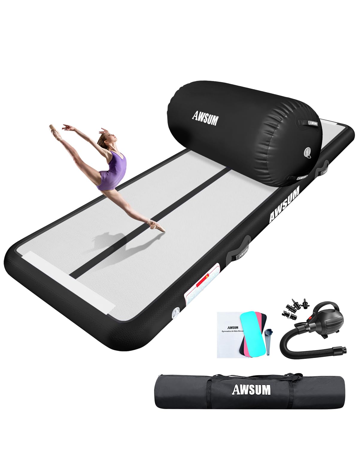 AWSUM 10/13ft Inflatable Gymnastics Mat Air Roller Barrel Tumble Track Tumbling Mat Back Backbend Trainer for Home Use/Gym/Cheerleading Springboard Handspring Equipment, with Electric Pump