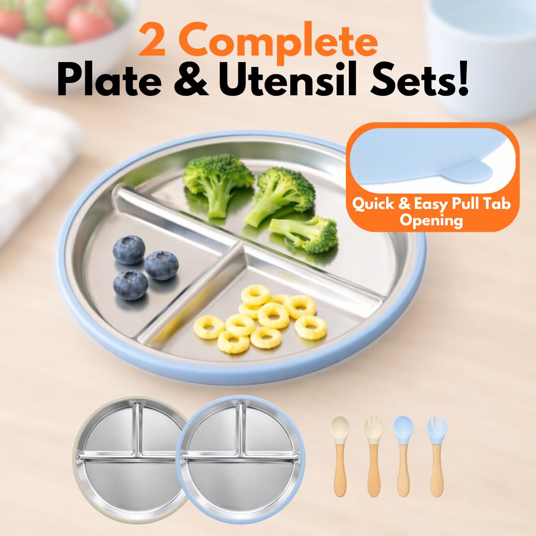 6-Piece Stainless Steel Divided Plates with Suction – Durable Toddler Dinnerware Set with Forks & Spoons – Mess-Free & Dishwasher Friendly