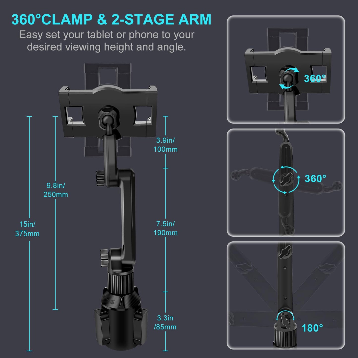 Cup Holder Car Tablet Mount for Truck, 360° Adjustable 15" Long 2-Arm Stand Holder for iPad Pro 12.9/11/10.5/9.7/Air/Mini 6/5/4, Galaxy Tab/Z Fold 6/5/4, iPhone 17/16/Pro, 4.7-12.9" Tab &Phone