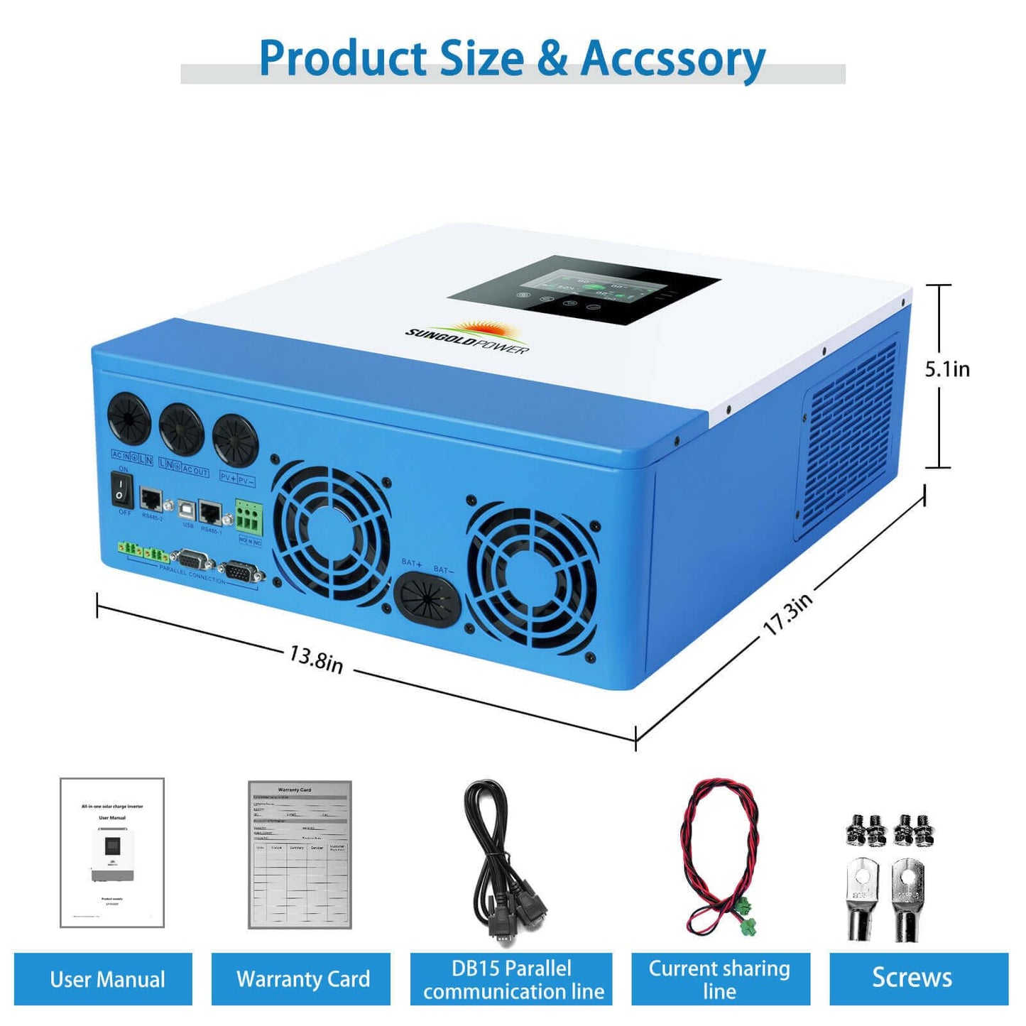 SUNGOLDPOWER UL1741 5000W DC 48V Pure Sine Wave Solar Inverter,120Vac output,100A MPPT Solar Charger and 40A AC Battery Charger,All In One Solar Inverter for Back up,Off Grid system (Support Parallel)