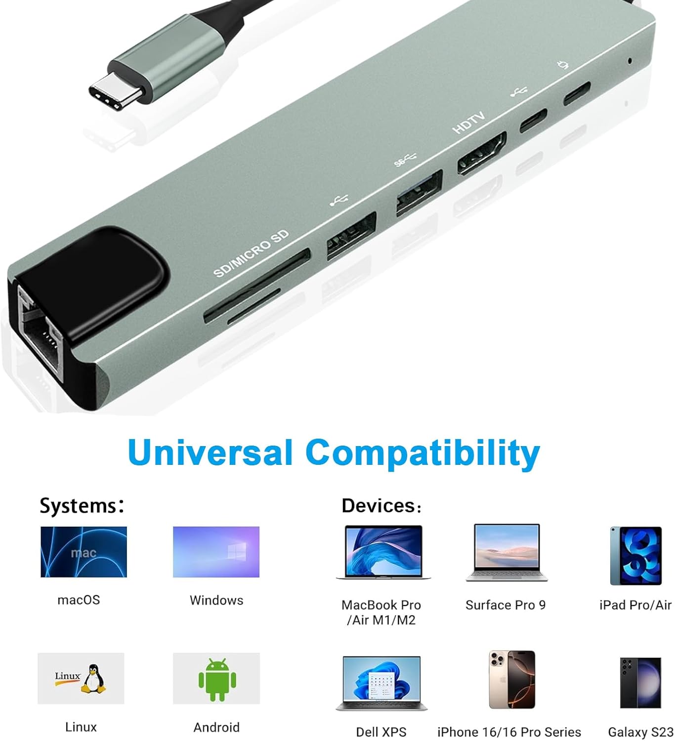 Vrebrey 8-in-1 4K@60Hz 85W 3X 3.0 USB-C Hub, Multi-Port Adapter for Laptops, HDMI, Power Delivery, USB-A & USB-C Data