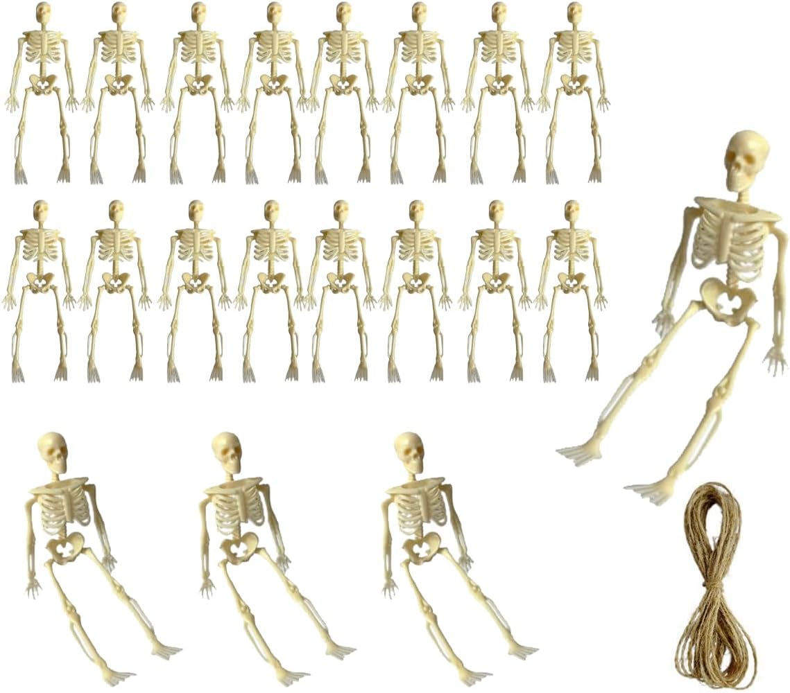 Skiennix Mini Skeletons | 20 Pcs Posable 6" Halloween Figurines for Spooky Decor & Party Favors