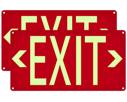(2 Pack) Photoluminescent Exit Sign Red - with Removable Directional Arrows, With strong self adhesive tape, 14.25 x 7.5 Inches Heavy Duty Aluminum Signs, Fade Resistant, water proof/weather proof