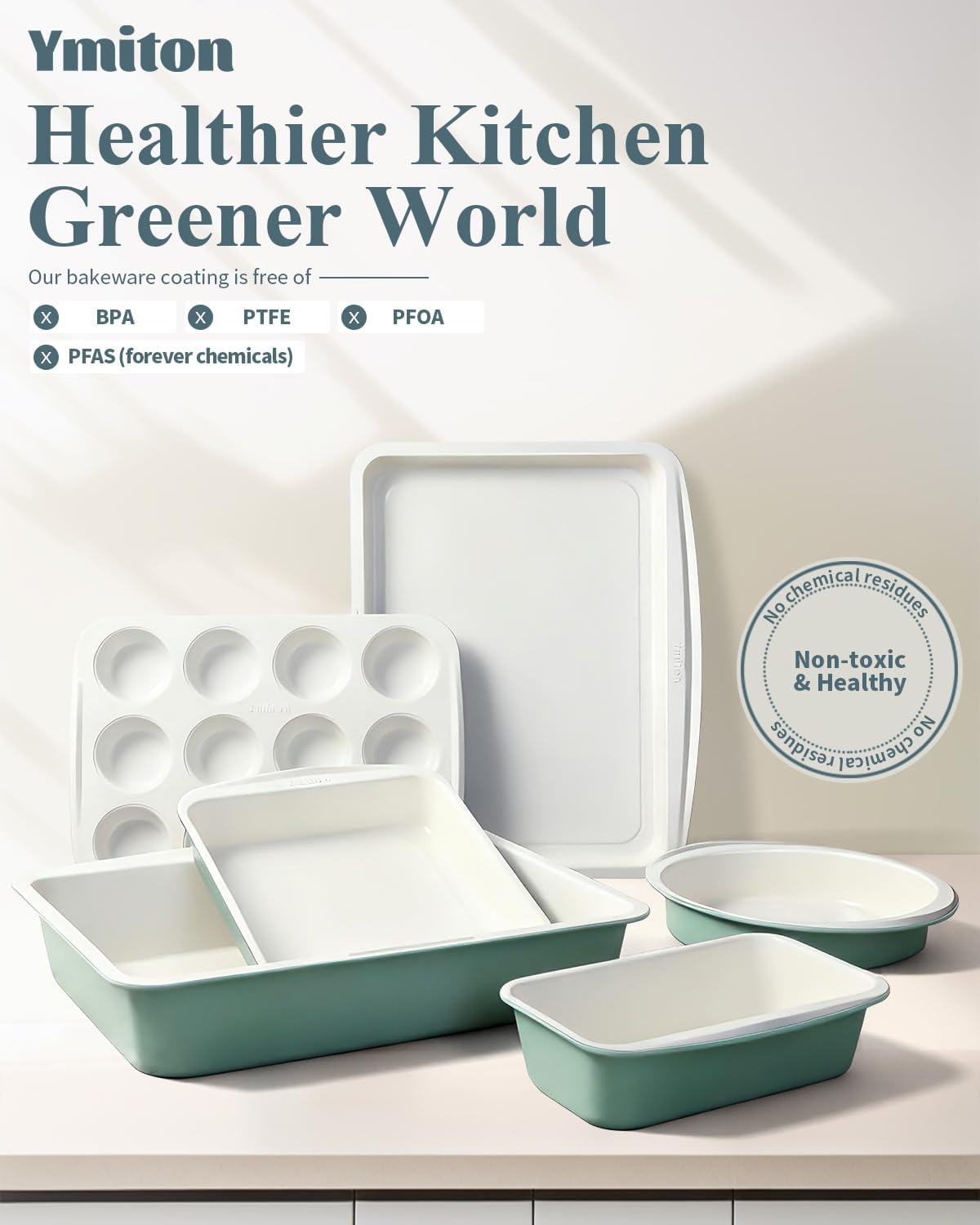 Skiennix Ceramic Nonstick Baking Pans Set - 30 PCS Stackable Bakeware, 550°F Oven Safe, Green