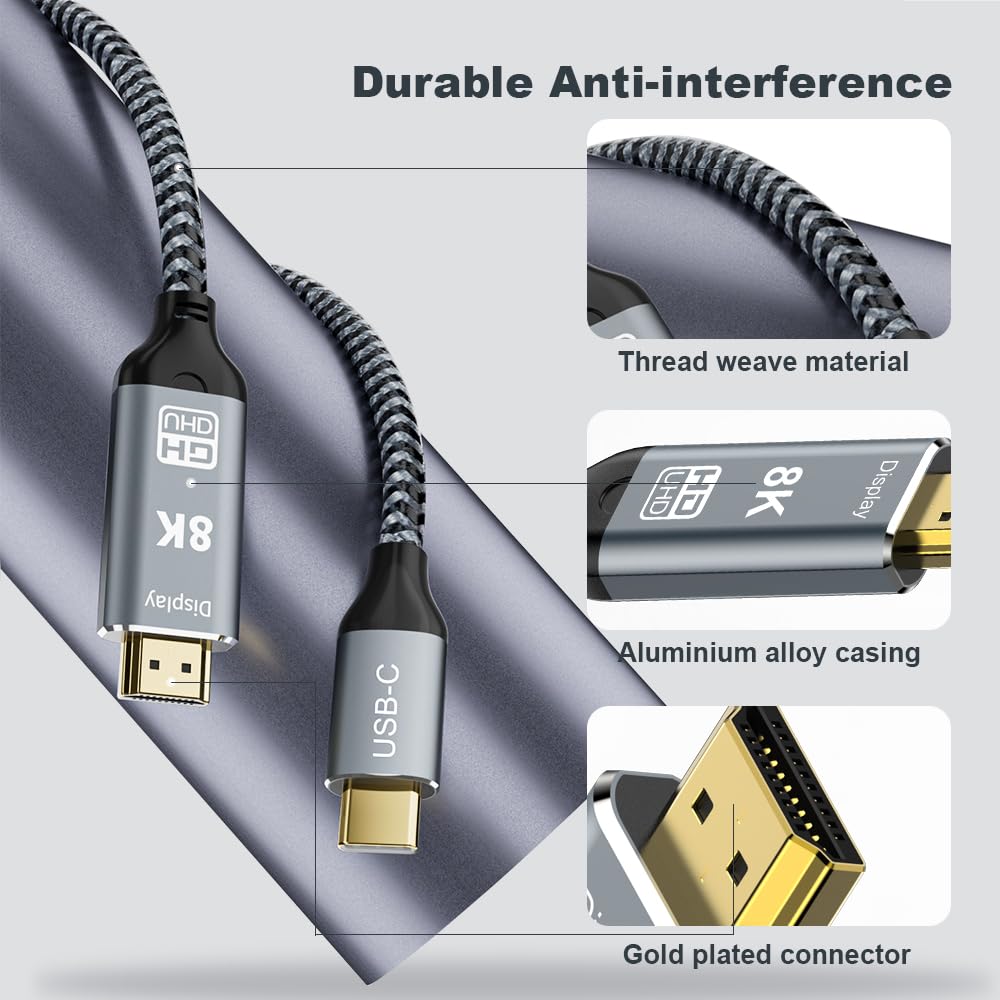 2.1 3.3FT, 8K@60Hz 4K@144Hz 3/4 15, 2.3 HDR10, 48Gbps S22, USB C to HDMI Cable Thunderbolt Compatible with MacBook