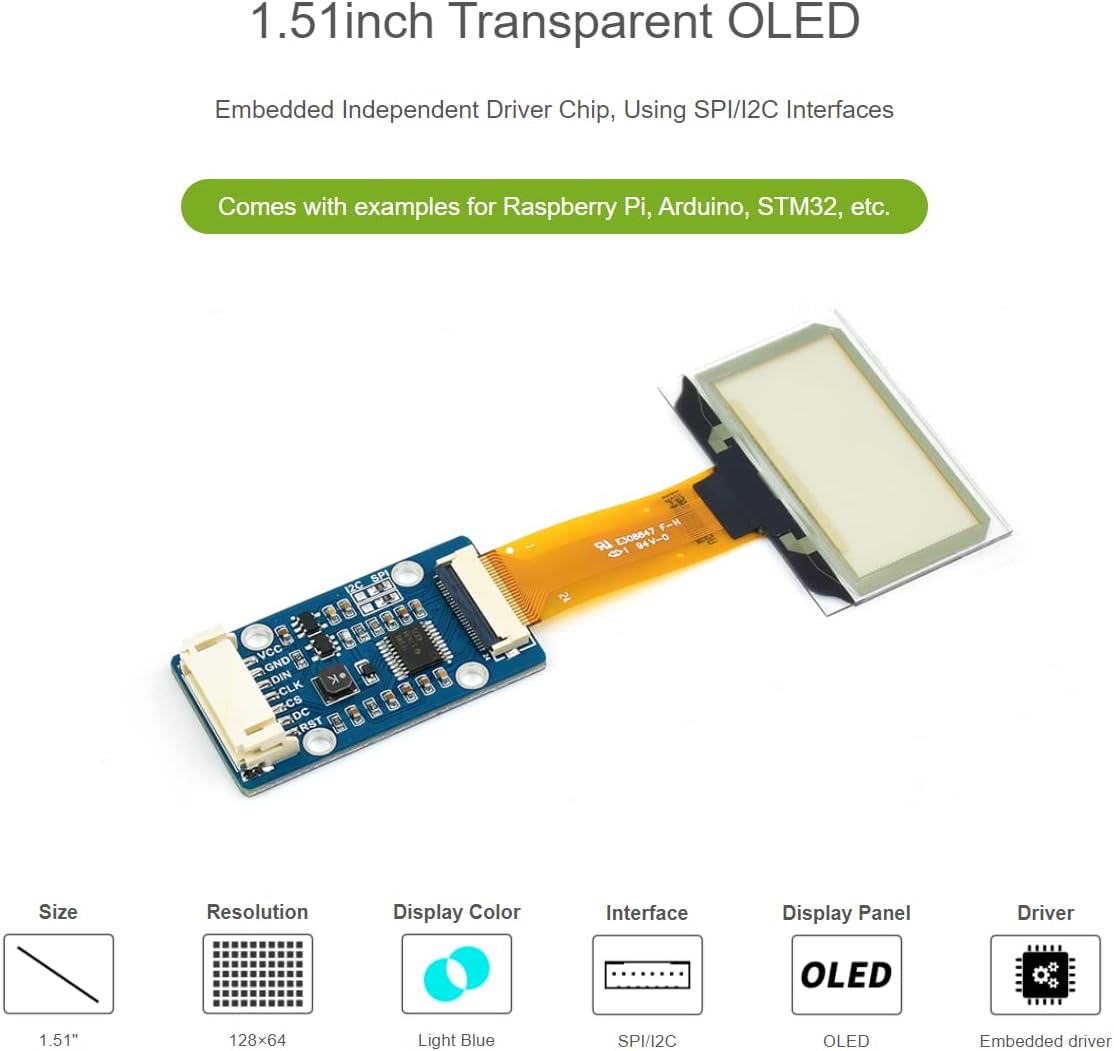 1.51inch 12864 Pi/Arduino/STM32,Full Chip,SPI/I2C Transparent OLED Display Module Resolution Light Blue Color Display