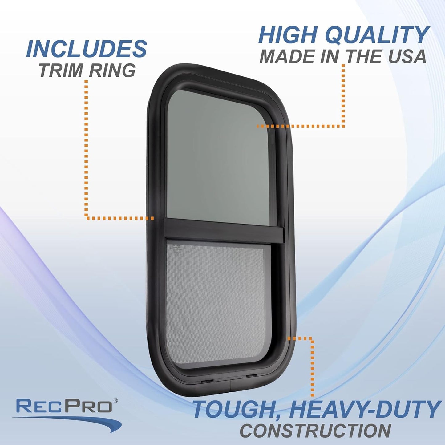 RecPro RV Window Replacement | Teardrop Style | 14inW x 22inH | Vertical Sliding | Black | Model RP-WIN
