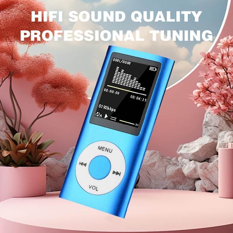 FKLBBLPM MP3 MP4 Portable Music Player, LCD Screen with Equalizer Display, MENU and VOL ControlsBlue