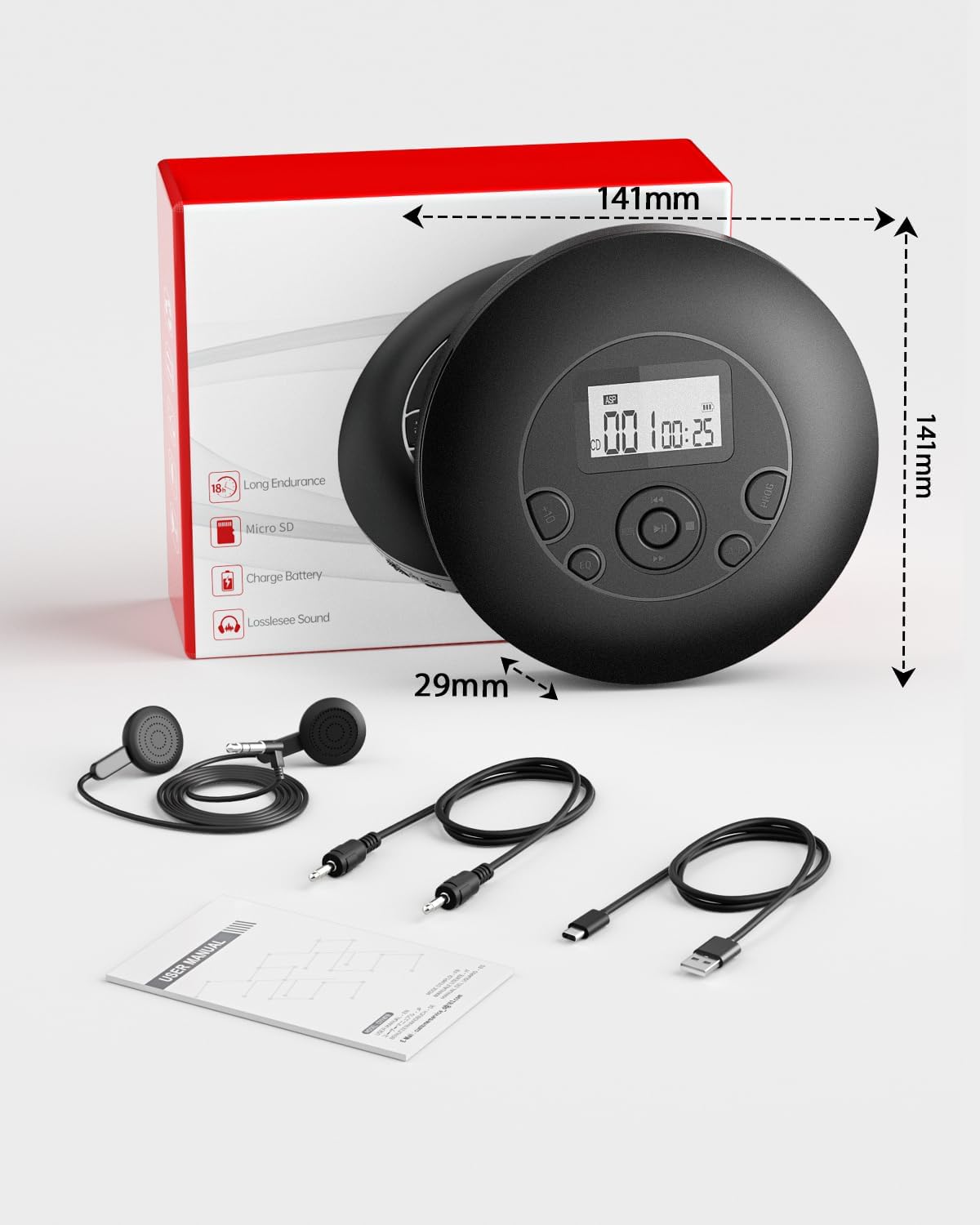 Arafuna Discman CD/MP3/WMA/TF Portable CD Player for Home & Car-Rechargeable CD Player with Anti-Skip, Large Backlit