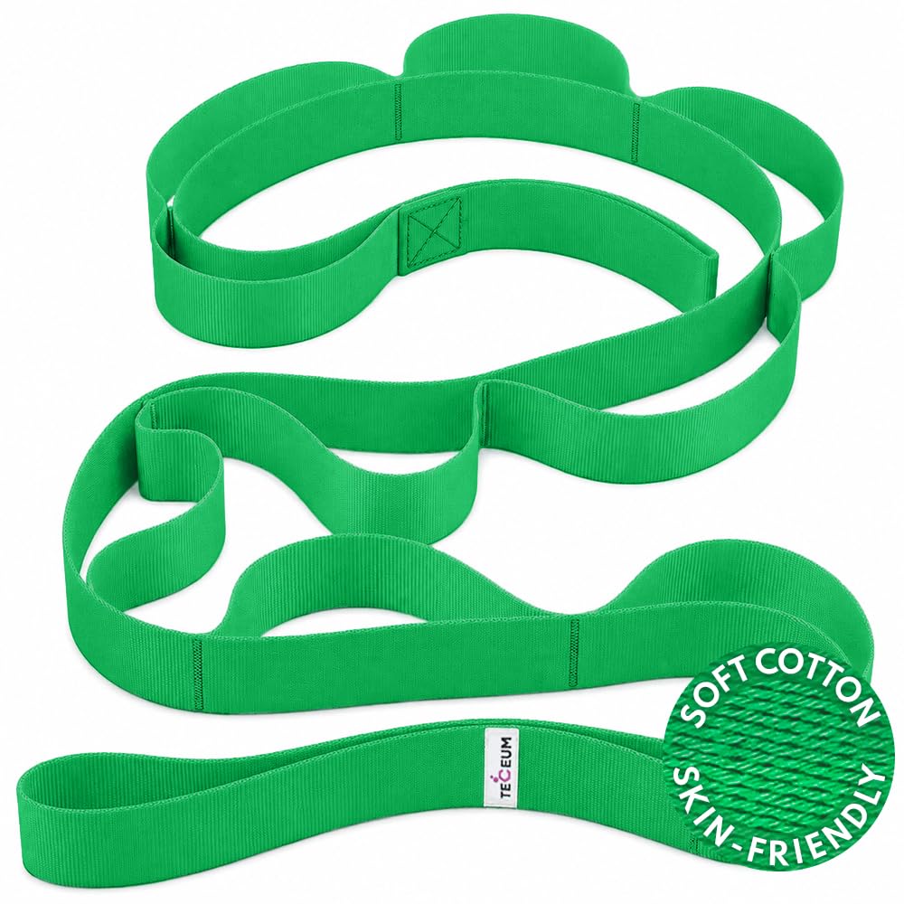 TECEUM Soft Cotton Stretching Strap for Sensitive Skin – Yoga Strap for Physical Therapy – 10 Loops Non-Elastic Stretch Band for Flexibility, Hamstring, Pilates & Rehab
