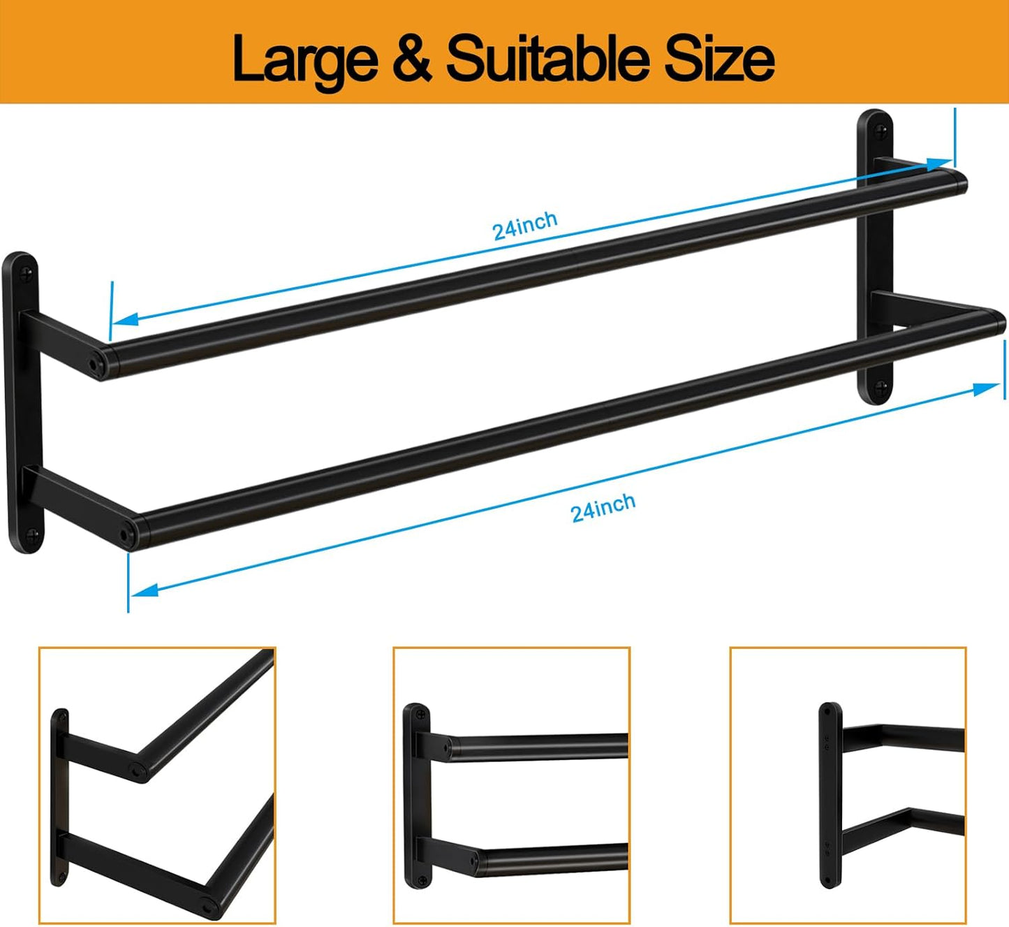 Skiennix Double Towel Bar - 24-Inch Stainless Steel Wall-Mounted Towel Rack in Matte Black