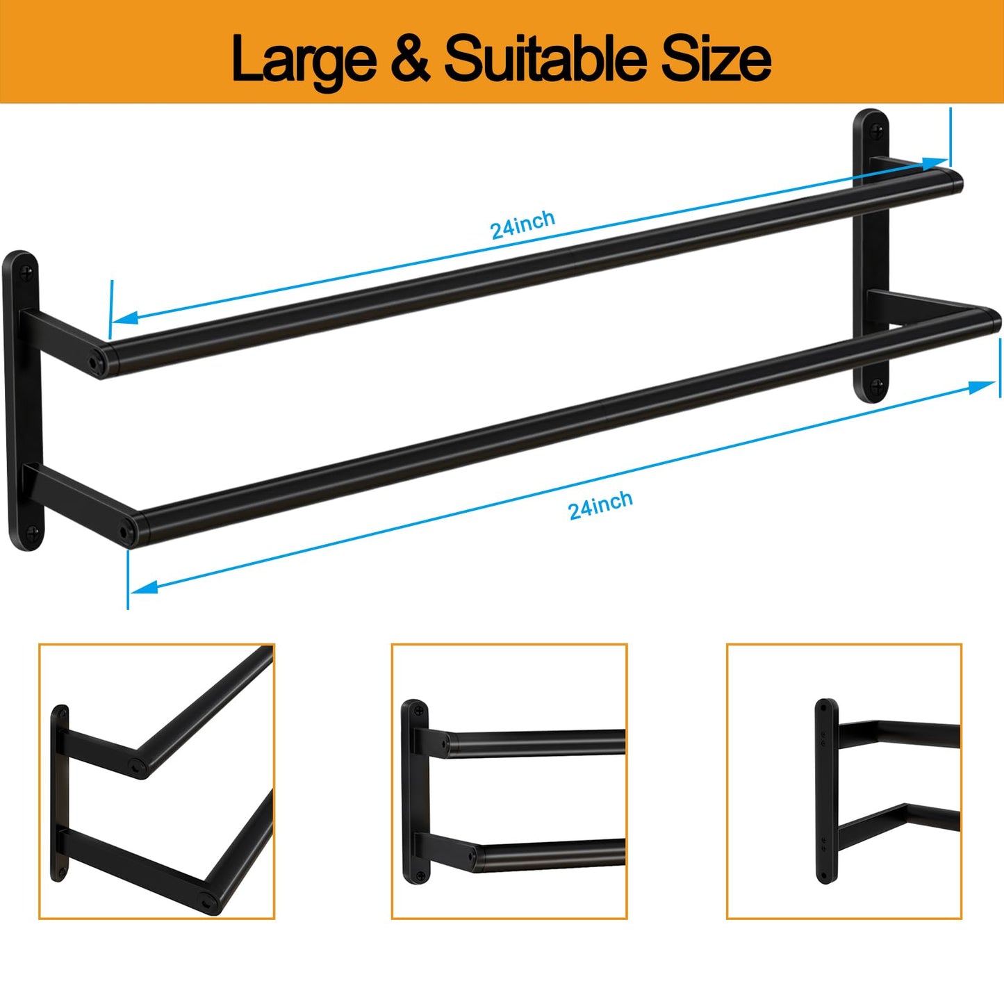 JIAPAIDUO Double Towel Bar, 24Inch Towel Rack for Bathroom, Stainless Steel Double Bath Towel Bar, Wall Mounted Towel Holder, Double Towel Rod Towel Rail Hanger for Wall, Kitchen (Matte Black)