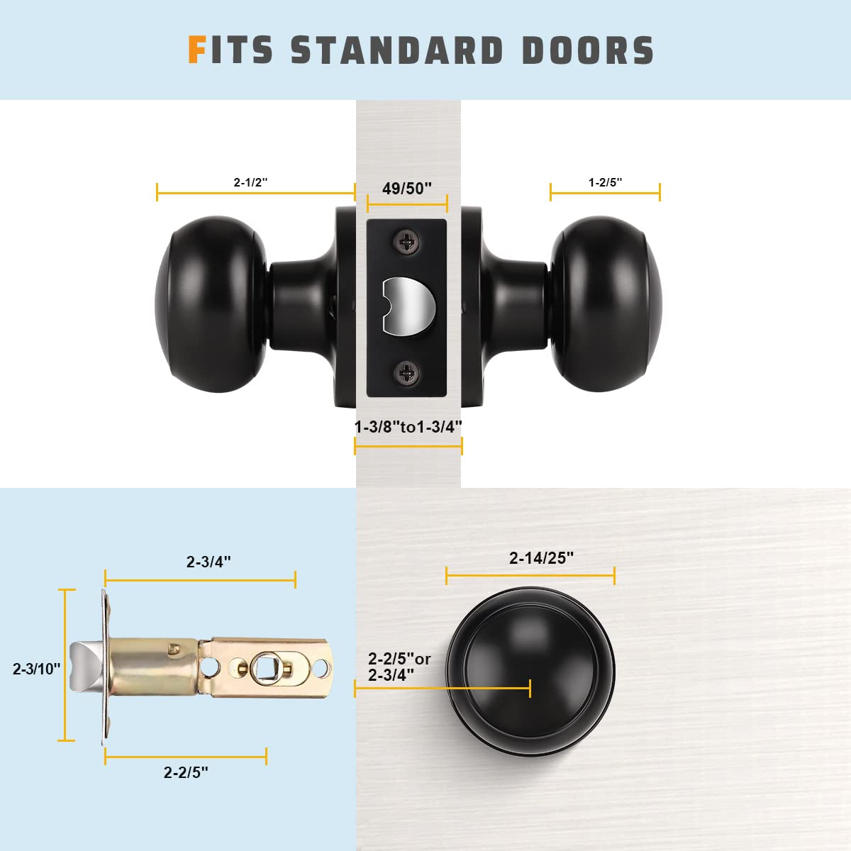 KNOBWELL 6 Pack Matte Black Door Knob - Round Interior Door Handles for Hallway & Closet, Non-Locking Passage Door Knobs with Durable Lockset, Easy Install