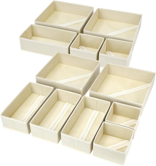 DIMJ Drawer Organizer - 12 Pack Foldable Fabric Storage Bins for Clothes & Baby Items | Beige