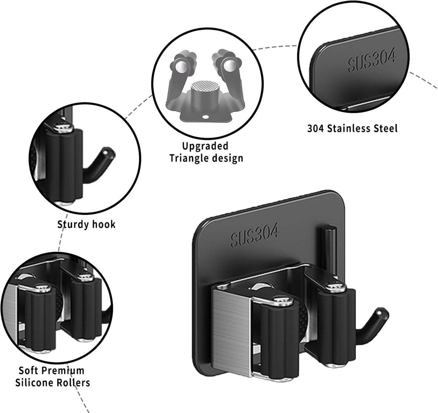 Skiennix Broom Holder Wall Mount - 3-Piece Garden Tool Organizer | Durable 304 Stainless Steel (Black)
